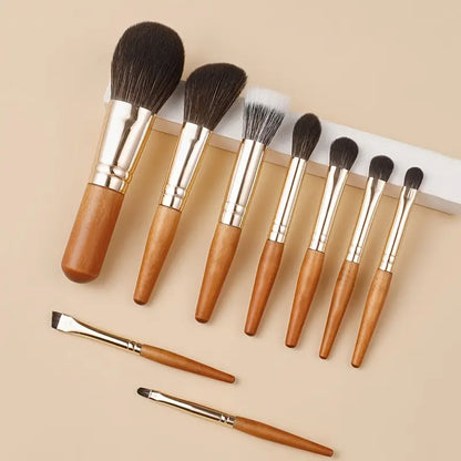 Deluxe 9-Piece Mini Makeup Brush Set - Powder, Blusher, Eye Shadow - Short Handle, Soft Nylon Bristles, Durable Wooden Rod - Alcohol-Free, All Skin Types, Compact Design - Girls & Women