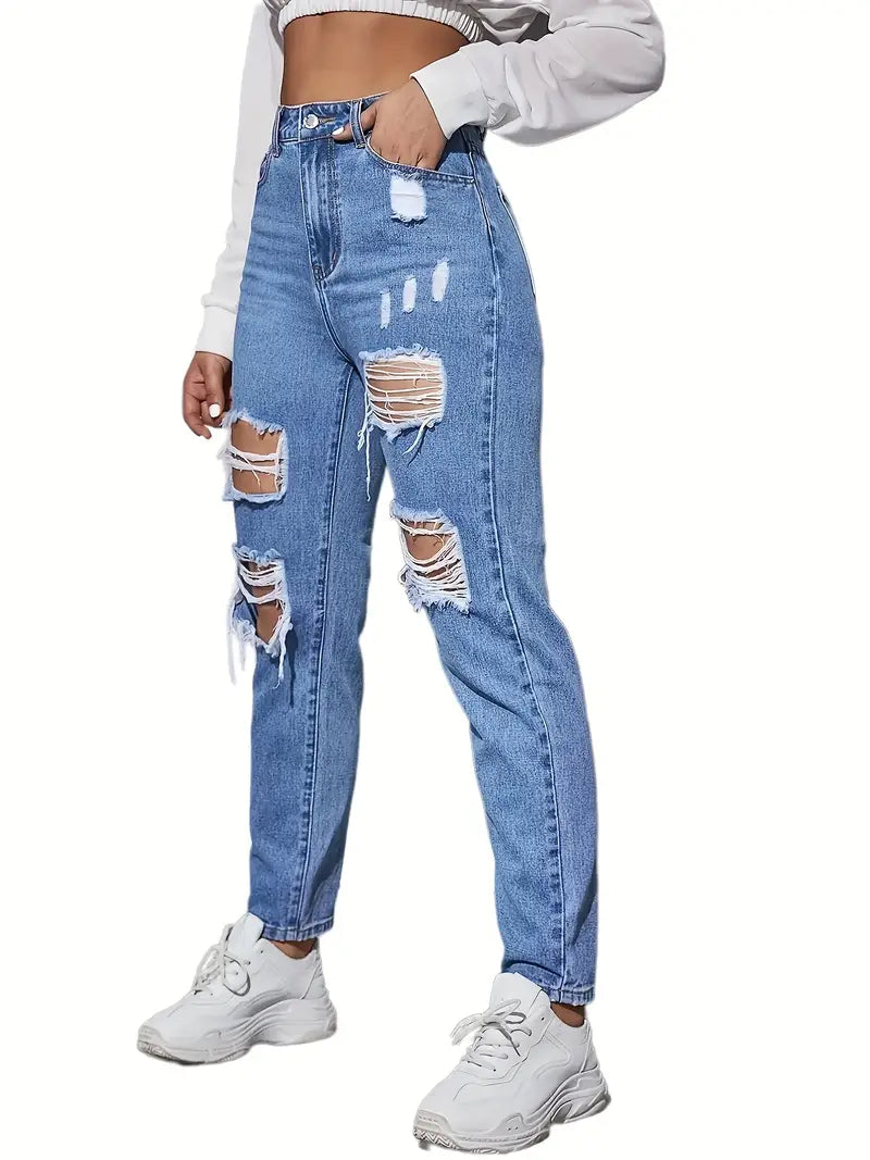 Blue Ripped Holes Straight Jeans, Distressed Slash Pockets Non-Stretch Mom Jeans, Women's Denim Jeans & Clothing