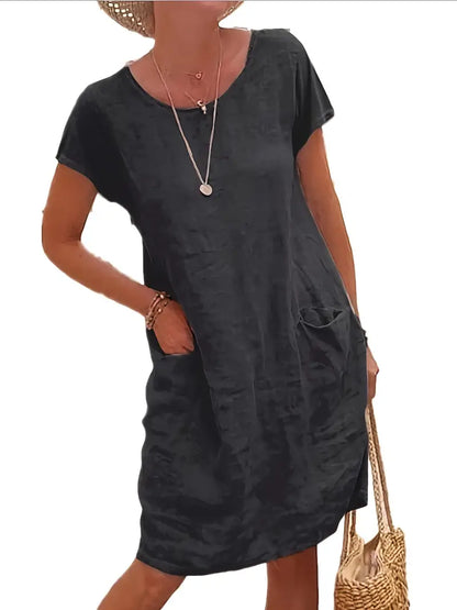 Round Neck Pocket Dress, Casual Loose Solid Short Sleeve Spring Summer Knee-Length Dresses, Women's Clothing