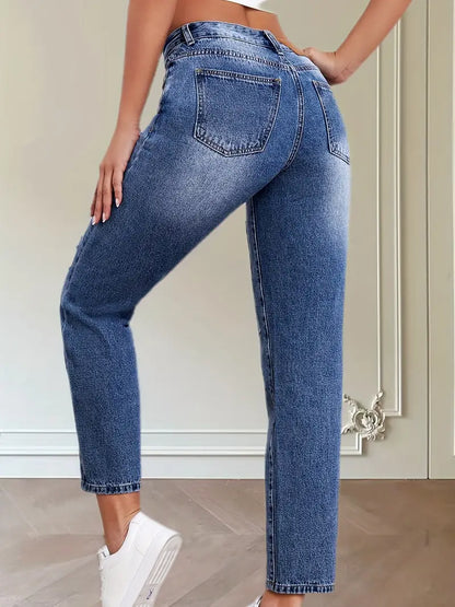 Blue Ripped Holes Straight Jeans, Non-Stretch Slant Pockets Embroidered Decor Tapered Jeans, Women's Denim Jeans & Clothing