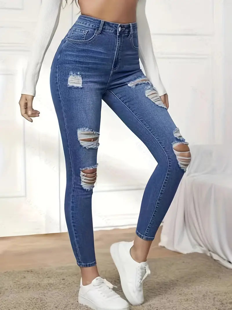 Ripped High Waist Skinny Jeans, Stretchy Solid Color Distressed Denim Pants, Women's Denim Jeans & Clothing