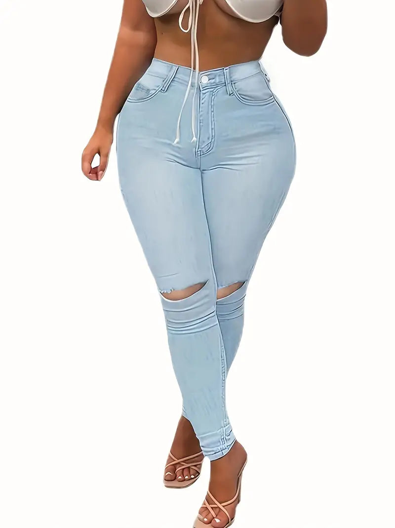 Jean déchiré bleu clair pour femme – Jean skinny empilé taille haute avec genoux découpés et taille haute effet vieilli 