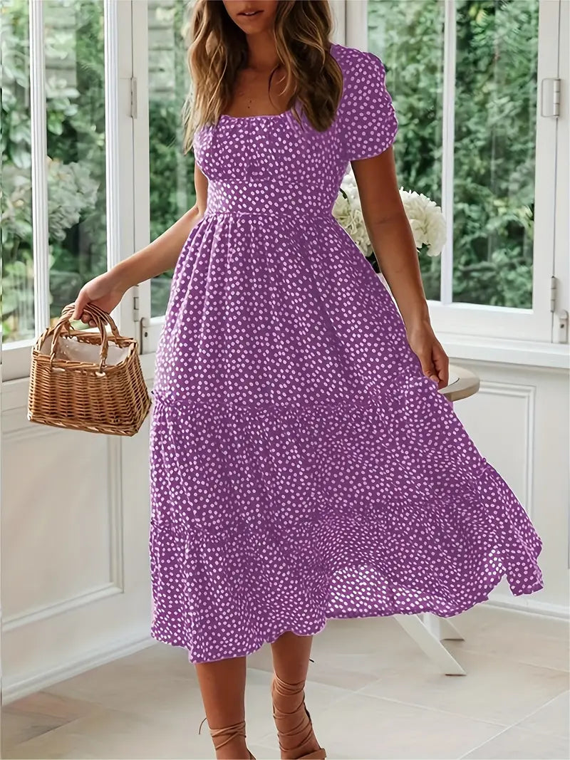 Polka Dot Ruffle Hem Dress, Casual Square Neck Short Sleeve Dress, Women's Clothing