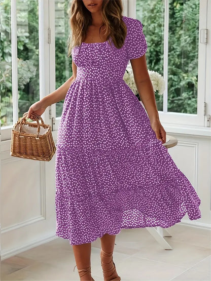 Polka Dot Ruffle Hem Dress, Casual Square Neck Short Sleeve Dress, Women's Clothing