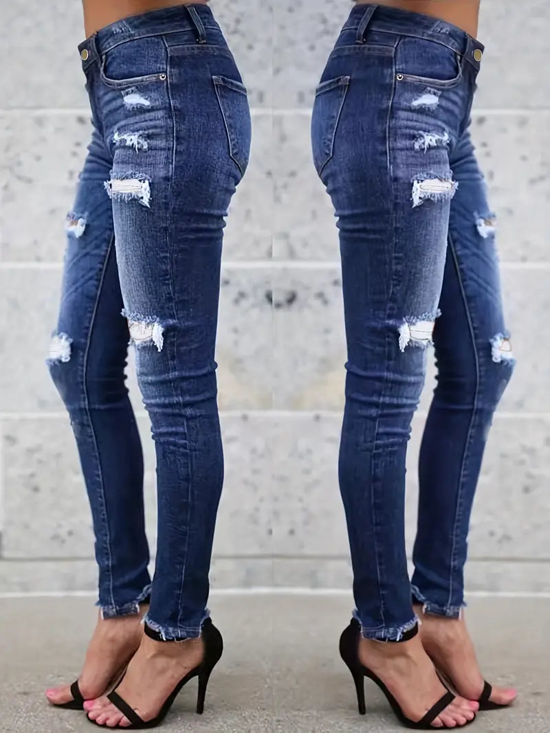 Women's Dark Blue Ripped Denim Jeans with Raw Hem and Slash Pockets - Casual and Stylish!