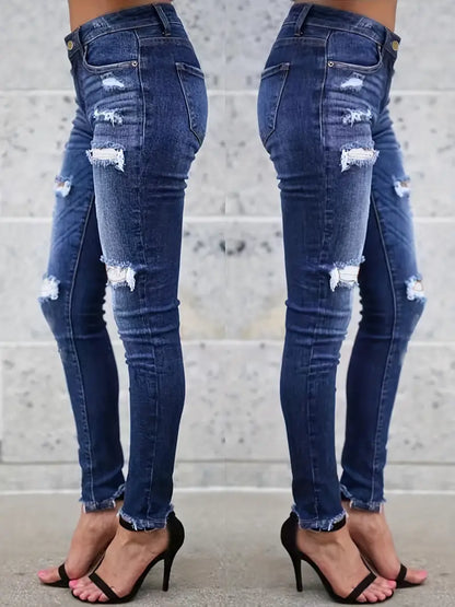 Women's Dark Blue Ripped Denim Jeans with Raw Hem and Slash Pockets - Casual and Stylish!