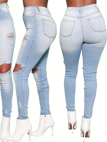 Women's Street Style Denim Jeans: Ripped High Stretch Skinny Knee Cut Distressed Light Washed Mid Rise Pants