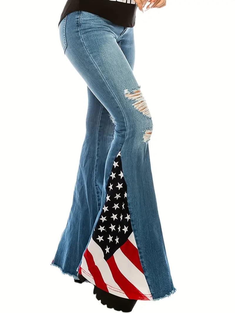 American Flap Patchwork Raw Hem Flare Leg Jeans, Ripped Vintage Retro Star Stripes Pattern Whiskering Bell Bottoms Denim Pants, 4th Of July Independence Day Outfit, Women's Denim Jeans & Clothing