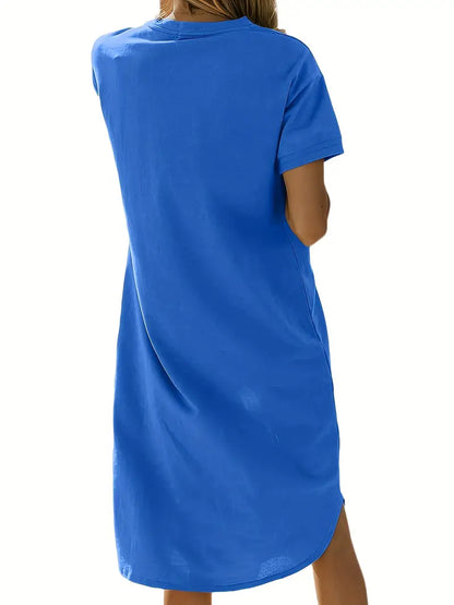 Crew Neck Mid Length Dress, Short Sleeve Solid Summer Pockets Dresses, Women's Clothing