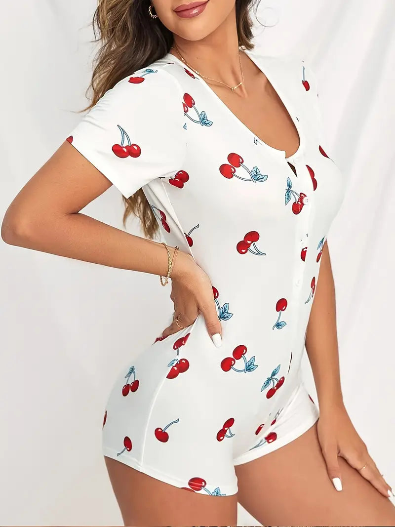 One Piece Cherry Print Sleepwear, Casual & Comfy V Neck Buttons Short Sleeve Jumpsuit, Women's Lingerie & Sleepwear