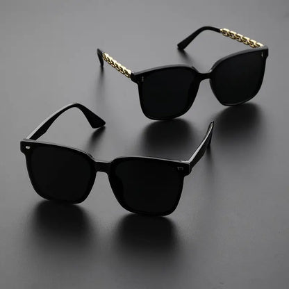 2pairs Trendy Cool Black Frame Sunglasses Set, Rimless Sunglasses & Hollow Golden Chain Design Temples Full Rim Sunglasses, Men Women Casual Versatile Party Driving Decors , Ideal Choice For Gifts