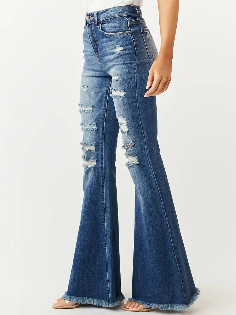 Women's Vintage Distressed Ripped Bell Bottom Jeans - Get the Look Now!