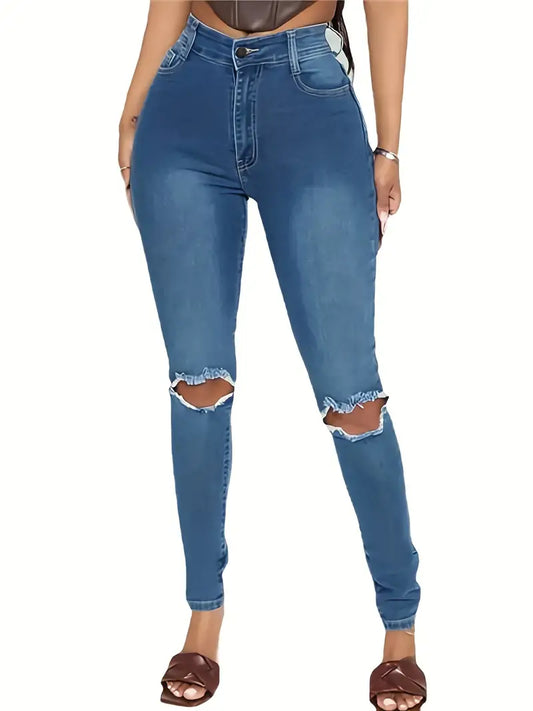 Blue Ripped Holes Skinny Jeans, High Waist Slim Fit High-Stretch Casual Denim Pants, Women's Denim Jeans & Clothing