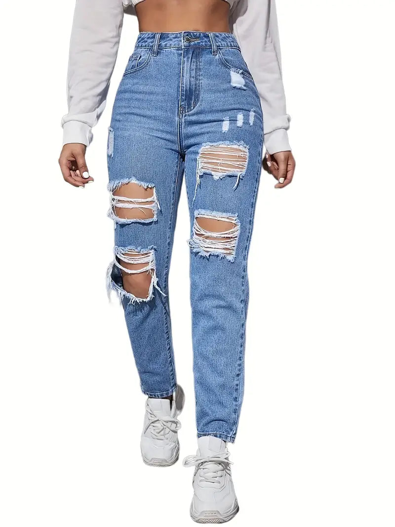 Blue Ripped Holes Straight Jeans, Distressed Slash Pockets Non-Stretch Mom Jeans, Women's Denim Jeans & Clothing