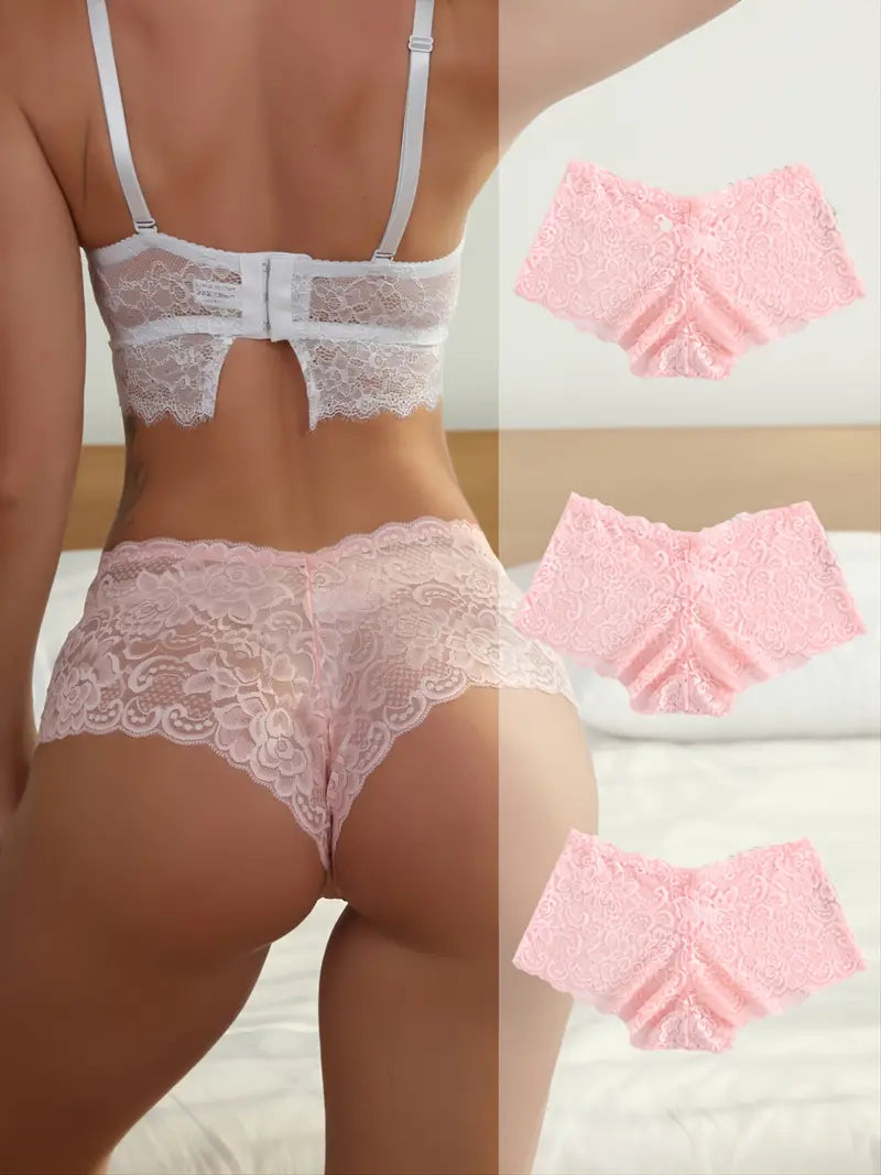 3 Pcs Pink Lace Boxer Panties: Perfect for Valentine's Gifts & Sexy Temptation!