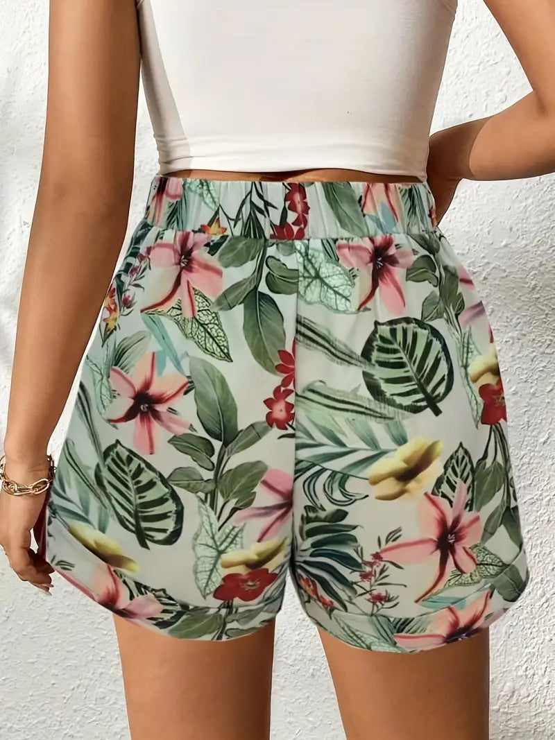 Floral Print Fake Drawstring Shorts, Casual Pocket Shorts For Spring & Summer, Women's Clothing