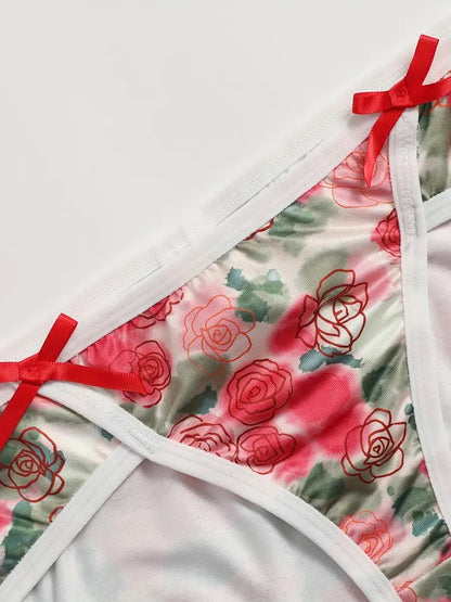 Plus Size Sexy Lingerie Set, Women's Plus Tie Dye Rose Print Keyhole Strappy Bra & Bow Knot Underwear, Vintage Boho Underwear Two Piece Set