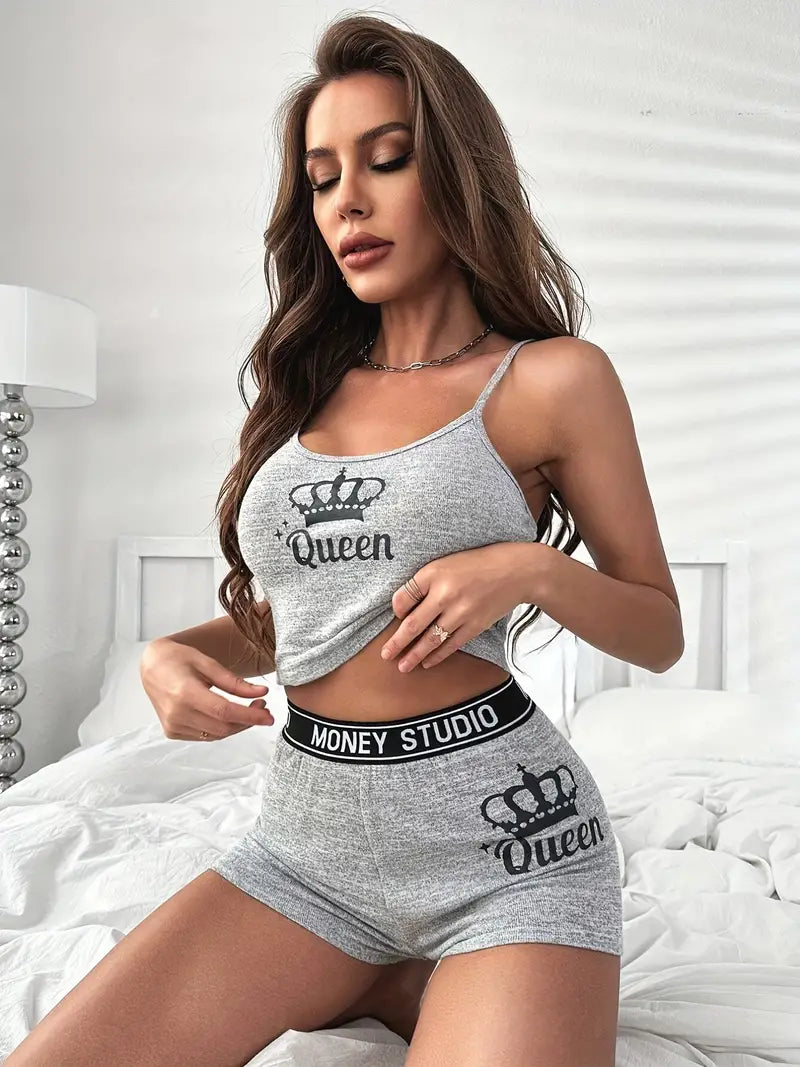 Letter Print Lounge Set, Round Neck Cami Top & Elastic Waistband Shorts, Women's Loungewear & Sleepwear