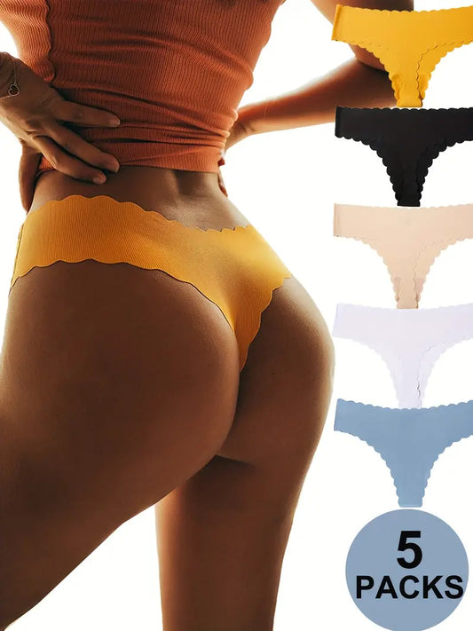 5pcs Scallop Trim Thongs, Soft & Comfy Stretchy Intimates Panties, Women's Lingerie & Underwear