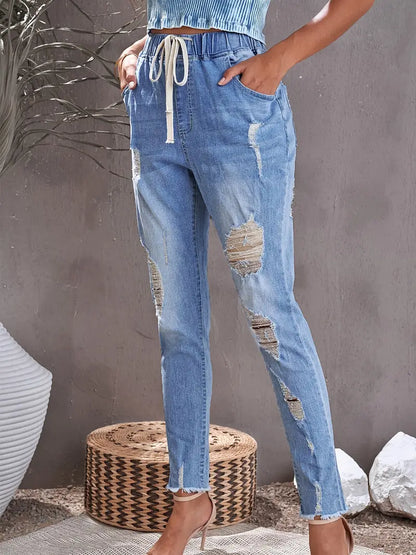 Distressed Destroyed Frayed Fabrics Drawstring Waist Raw Hem High Rise Elastic Band Skinny Jeans, Women's Denim Jeans, Women's Clothing