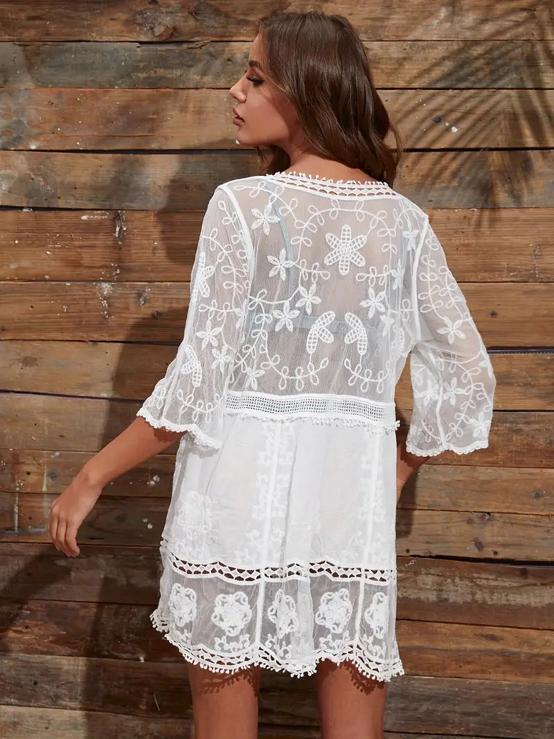 V-neck Floral Eyelet Embroidery Cover Up, Lace Pom Pom Half Sleeve Stretchy Beach Blouse, Sexy & Stylish, Women's Swimwear & Clothing