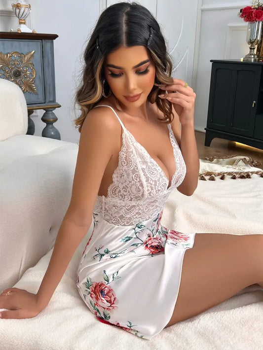 Chemise de nuit à imprimé floral, robe sexy sans manches en dentelle contrastée, lingerie et vêtements de nuit pour femmes 