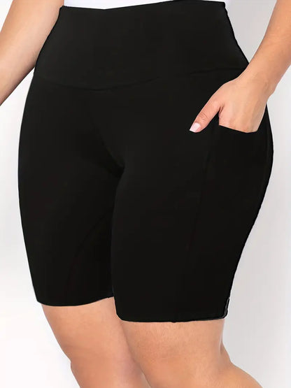 Plus Size Sports Shorts, Women's Plus Solid High Rise Slight Stretch Skinny Fitness Shorts With Pockets