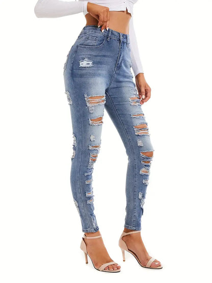 Blue Ripped Holes Skinny Jeans, Distressed Mid Stretch Slant Pockets Denim Pants, Women's Denim Jeans & Clothing