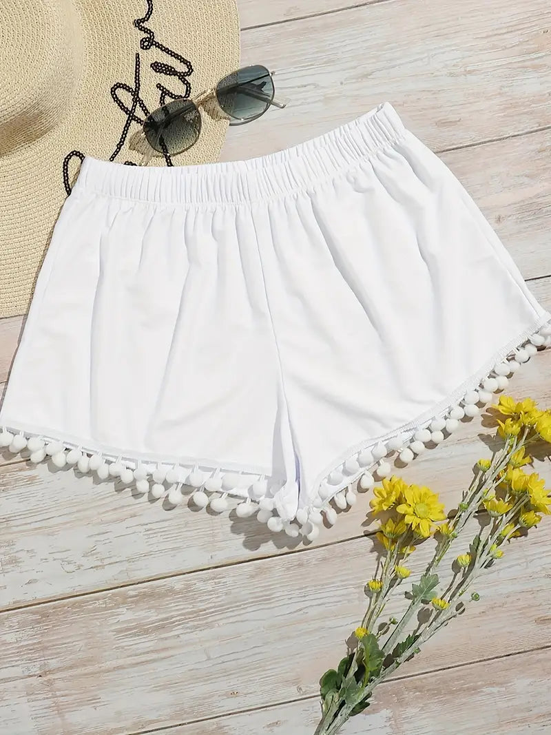 Ruched Pom Trim Shorts, Vacation Solid Summer Semi-Sheer Shorts, Women's Clothing