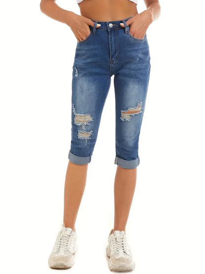 Blue Ripped Holes Capris Jeans, Slim Fit Mid-Stretch Cropped Denim Pants, Women's Denim Jeans & Clothing