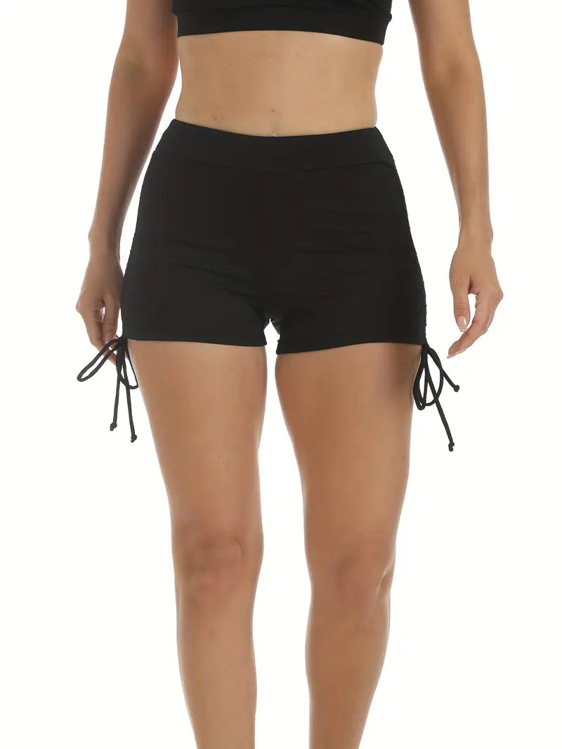 Ropa deportiva para mujer: pantalón corto deportivo negro con tirantes con cordón, cintura alta ajustada y pantalón corto deportivo de gran elasticidad 