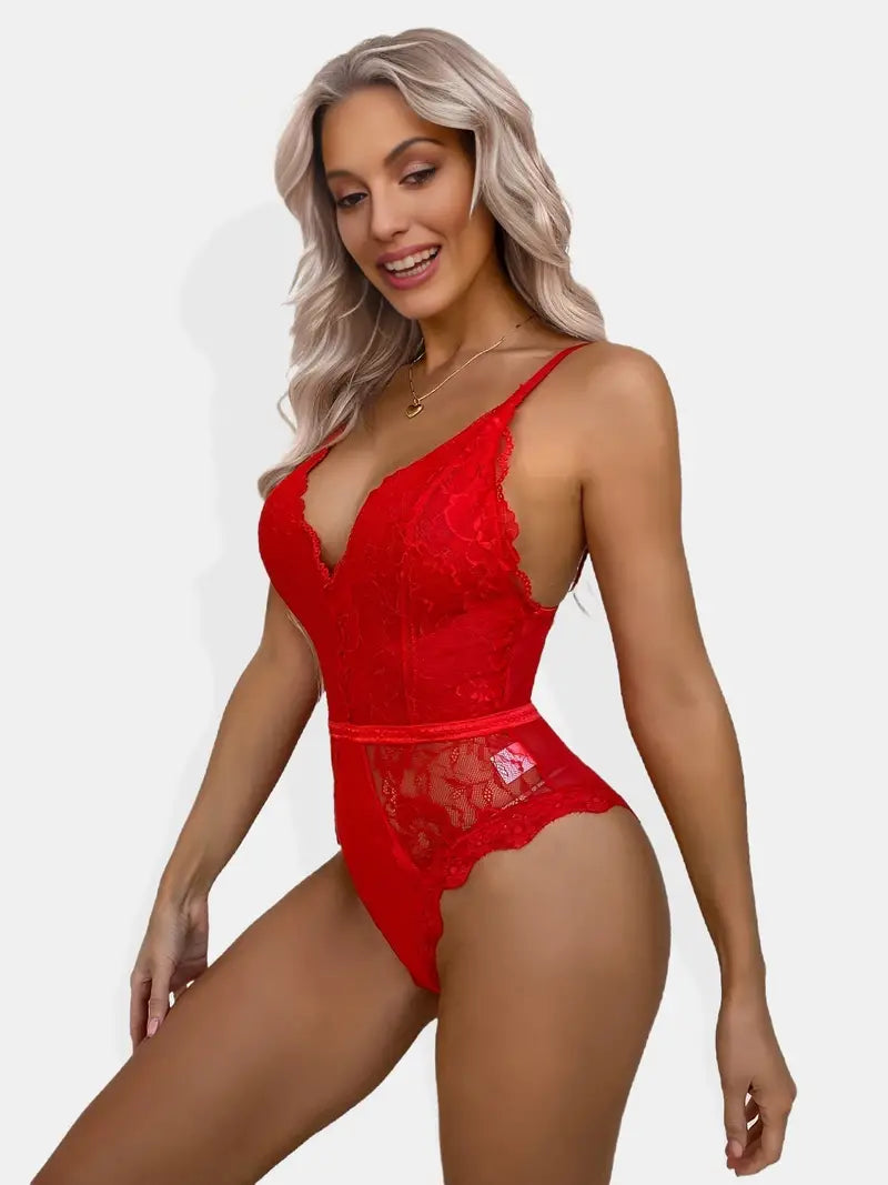 Body de encaje sexy con entrepierna a presión para mujer, Babydoll de encaje de una pieza con escote en V profundo 