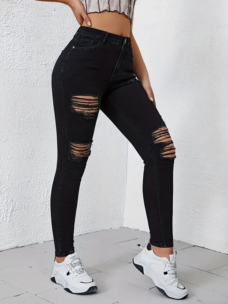 Jean skinny taille haute déchiré, pantalon en denim sexy extensible noir uni, jeans et vêtements en denim pour femmes 