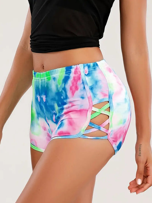 Women's Tie-Dye Yoga Biker Shorts - High-Waisted Sweat Absorption Fitness Shorts for Activewear