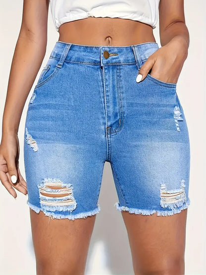 Plus Size Casual Denim Shorts, Women's Plus Washed Ripped Raw Trim Button Fly High Rise High Stretch Denim Shorts With Pockets