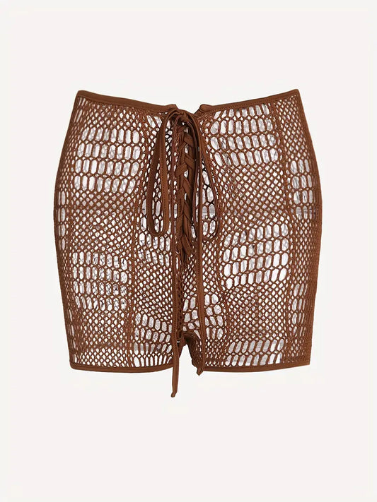 Solid Drawstring Crochet Shorts, Sexy Shorts For Summer, Women's Clothing