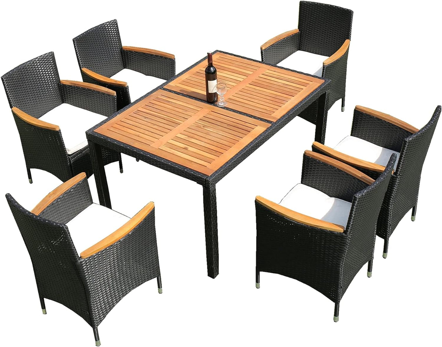 5-7 Piece Wicker Patio Dining Set Outdoor Acacia Wood Table and Chairs with Soft Cushions Furniture for Deck, Backyard, Garden