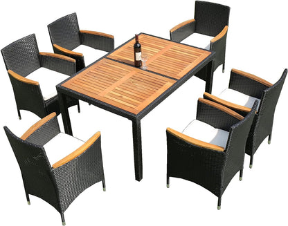 5-7 Piece Wicker Patio Dining Set Outdoor Acacia Wood Table and Chairs with Soft Cushions Furniture for Deck, Backyard, Garden