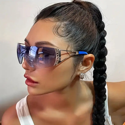 Rimless Y2K Wrap Around Sunglasses For Women Trendy Oversized Futuristic Sun Glasses Shield Glasses