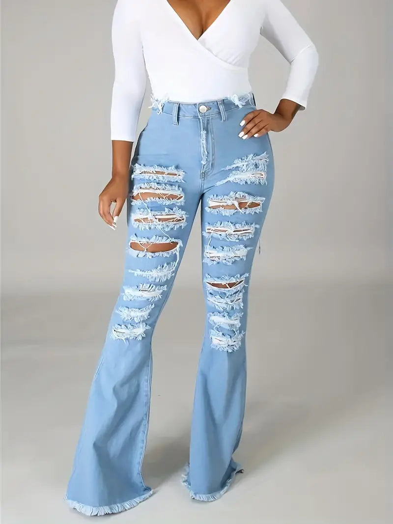 Blue Raw Hem Flare Jeans, Distressed High Waist Ripped Holes Bell Bottom Jeans, Women's Denim Jeans & Clothing