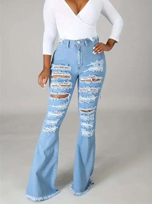 Blue Raw Hem Flare Jeans, Distressed High Waist Ripped Holes Bell Bottom Jeans, Women's Denim Jeans & Clothing