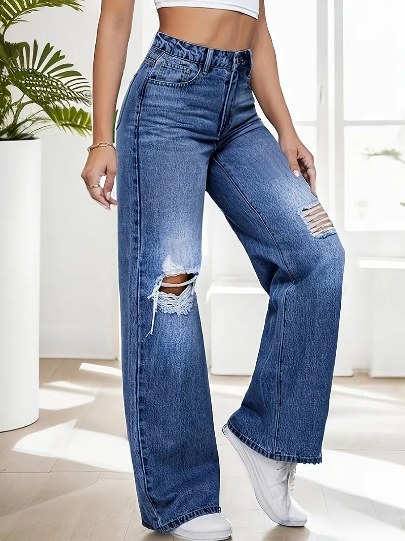 Women's Dark Wash Loose Water Ripple Embossed Wide Leg Jeans - Ripped Knee Cut High Waist Denim Pants