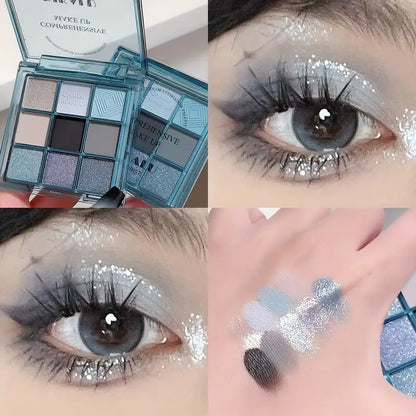 Palette de fards à paupières 9 couleurs, bleu, noir, blanc, finition mate nacrée, maquillage Smokey, cadeau de saint valentin 