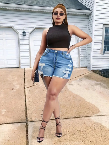 Sexy Plus Size Denim Shorts - Washed, Ripped & Button Fly - Perfect for Casual Wear!