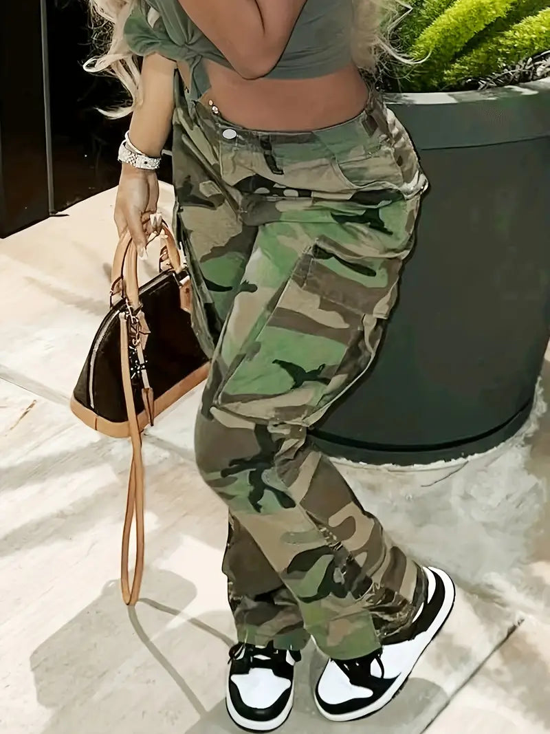 High Waist Straight Camouflage Cargo Jeans, Camo Print Medium Stretch Side Flap Pocket High Rise Denim Pants, Women's Denim Jeans & Clothing