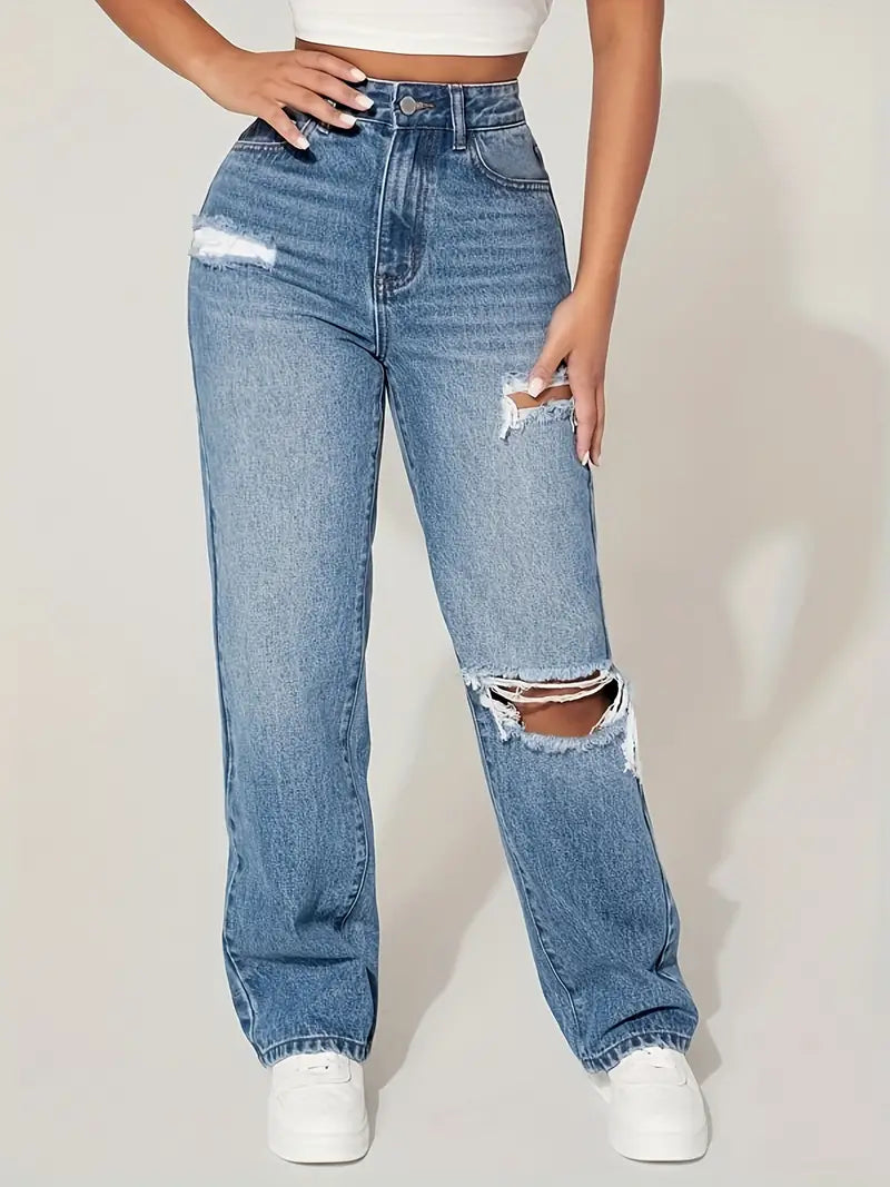 Jean droit bleu à trous déchirés, trous déchirés avec poches inclinées, pantalon en denim taille moyenne, jeans et vêtements en denim pour femmes 