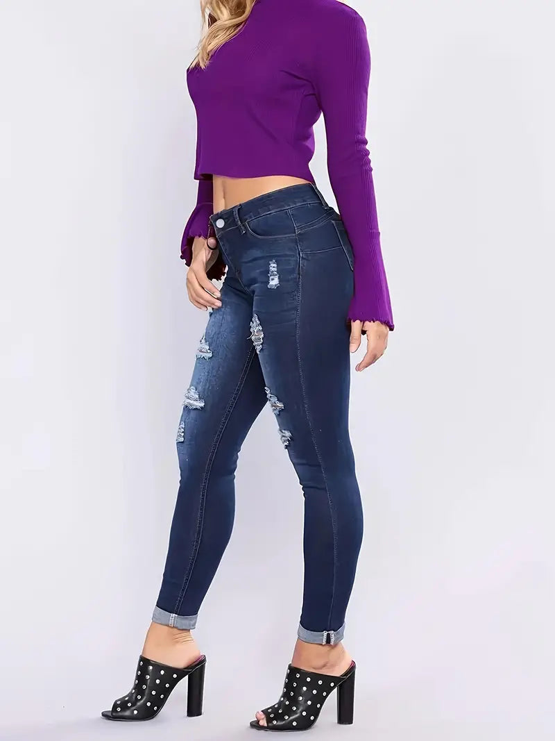 Jean skinny déchiré bleu marine pour femme – Coupe slim, pantalon en denim hautement extensible pour un maximum de confort et de style. 