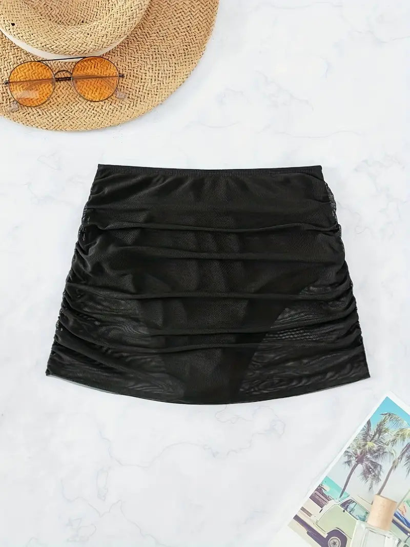 Black Contrast Mesh Beachwear Bottom, High-Stretch Semi-Sheer Sexy Style Beachwear Skirt, Women's Swimwear & Clothing