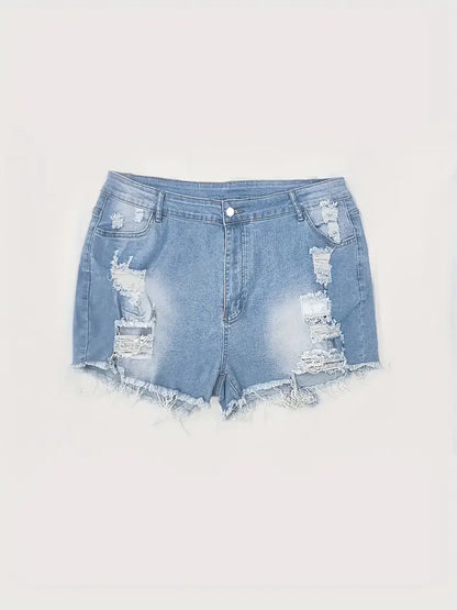 Short en jean sexy grande taille, short en jean délavé déchiré à jambe haute et braguette boutonnée pour femme 