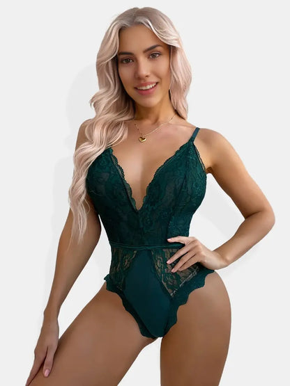 Body de encaje sexy con entrepierna a presión para mujer, Babydoll de encaje de una pieza con escote en V profundo 